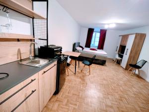 a kitchen with a sink and a bed in a room at Allgäuer Hof Weilheim in Weilheim in Oberbayern