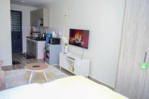 a living room with a bed and a kitchen at Twenty four in Kiambu