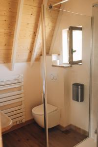une salle de bain avec toilettes et douche en verre dans l'établissement Fontaine aux Herbes - Ecolodge Humulus lupulus, à Clarbec
