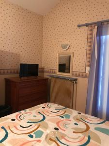 ein Schlafzimmer mit einem Bett, einer Kommode und einem Fernseher in der Unterkunft Maison au pied du Beaujolais in Saint-Georges-de-Reneins
