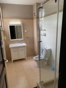 Un baño con inodoro, lavabo y espejo. en Green top Green top Cordier apartments, en Kampala