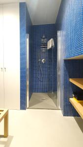 a bathroom with a shower with blue tiles at San Mark's basin best view in Venice +25 photos