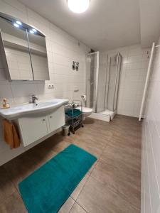 a bathroom with a sink and a shower and a mirror at haus Plager in Landau an der Isar +26 photos