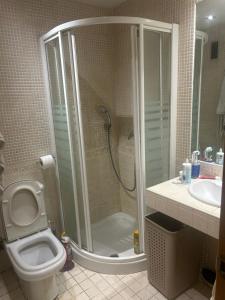 a bathroom with a shower with a toilet and a sink at Madrid Retiro Room in Madrid +4 photos