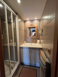 a bathroom with a sink and a shower at Appartement cosy avec jacuzzi privatif in Notre-Dame-de-Bellecombe
