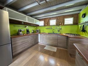a large kitchen with wooden cabinets and green walls at Villa Atypique - Charme & Confort in Le Moule