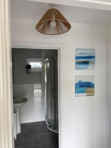 a bathroom with a shower and a ceiling at The Beach Hut in Perranporth