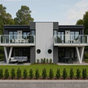 a modern house with a balcony and a patio at CASA DEL MAR Apartamenty przy plaży in Pobierowo