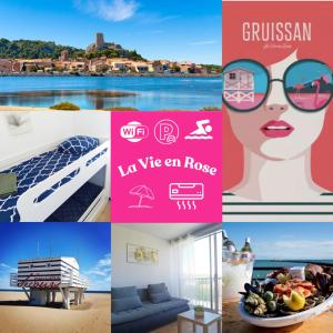 eine Collage mit Fotos mit einem Bild eines Hauses in der Unterkunft La Vie en Rose Cosy Proche du Port in Gruissan