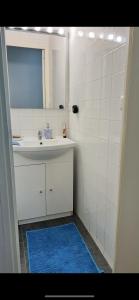 ein Badezimmer mit Waschbecken, Spiegel und blauem Teppich in der Unterkunft 15 mins from Paris in La Garenne-Colombes