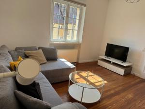a living room with a couch and a tv at Apt4 - Ferienwohnung Brötzingen 3 OG in Pforzheim