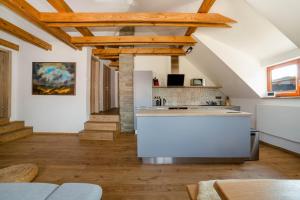 a kitchen with a white island in a room with wooden ceilings at U Mirina in Velké Karlovice