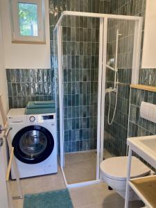 a washing machine in a bathroom with a shower at Tisza-Tavi Nyaralósziget - Just a few steps from the peaceful shores of Lake Tisza in Tiszafüred +17 photos