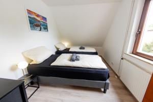 zwei Betten in einem kleinen Zimmer mit Fenster in der Unterkunft SeeNah Apartments, Komfort mit Einkaufsmöglichkeiten & Parkplatz in Bad Zwischenahn