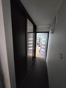 a hallway with a large mirror and a door at Spokojny przytulny parkowy Apartament w Marszewie -Pleszew in Pleszew