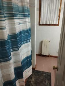ein Badezimmer mit einem Duschvorhang und einem Teppich in der Unterkunft Oceana Suites Casas del Sur in Barrio Almirante Brown