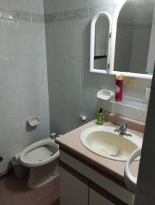 ein Badezimmer mit Waschbecken, Toilette und Spiegel in der Unterkunft Oceana Suites Casas del Sur in Barrio Almirante Brown
