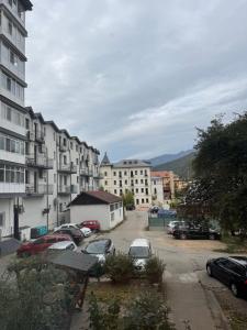 a parking lot with cars parked in front of buildings at Olt view apartament in Călimăneşti