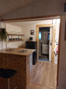 a kitchen with a island in a tiny house at Domek w ogrodzie "Bzyczek" in Ostry Bór
