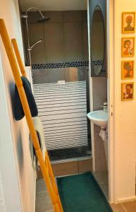 a small bathroom with a shower and a sink at Olina - Proche plage, balcon, wifi, parking, calme in Les Sables-dʼOlonne