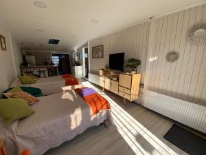 a bedroom with two beds and a television in it at Refugio Austral in Punta Arenas