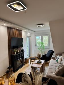 a living room with a couch and a fireplace at WOLF apartman in Divčibare