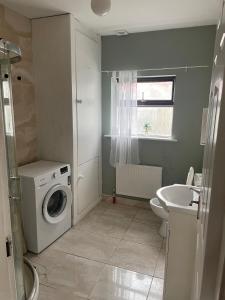 a bathroom with a washing machine and a sink at Ciaran's cottage in Donore