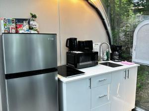 a kitchen with a refrigerator and a microwave at Studio Capsule House in Parry Sound #31 in Parry Sound