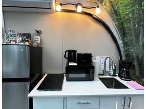 a kitchen with a sink and a refrigerator at Studio Capsule House in Parry Sound #31 in Parry Sound