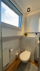 une salle de bain avec des toilettes blanches et une fenêtre dans l'établissement Apartment Köln Bonn DeLux Burgblick, à Bornheim 21 autres photos
