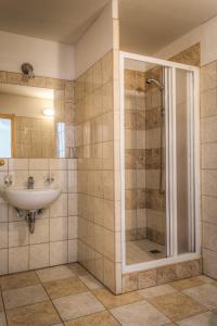 y baño con ducha y lavamanos. en Penzion U Dračice en Nová Bystřice