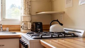 a tea kettle on a stove in a kitchen at 2-Bedroom Cottage #5 - Lodgepole Pine in Gravenhurst