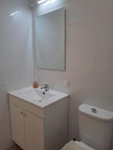 ein Badezimmer mit Waschbecken, Spiegel und Toilette in der Unterkunft CASA DA PRAIA DA POÇA - Apartamento Rosa in Estoril