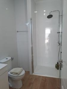 ein weißes Badezimmer mit Dusche und Toilette in der Unterkunft CASA DA PRAIA DA POÇA - Apartamento Rosa in Estoril + 6 Fotos