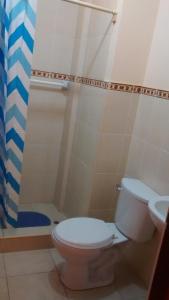 a bathroom with a toilet and a shower at Hostal Los Pinos in Huancayo