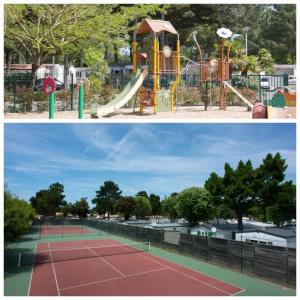 zwei Bilder von einem Spielplatz mit Tennisplatz in der Unterkunft Camping bois Dormant, 4 étoiles 85 st jean de mont in Saint-Jean-de-Monts