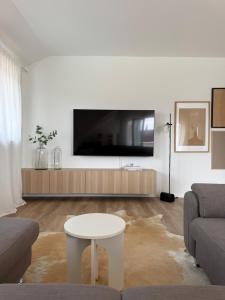 a living room with a tv and a couch and a table at Wohnung Lilli Nähe Europa Park, Strasbourg, Baden-Baden in Schutterwald