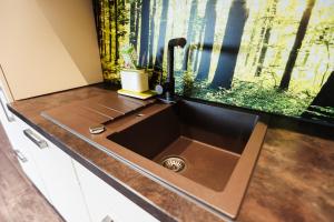 a kitchen counter with a sink and a window at Talblick 5, mit Sauna und wunderschönen Panoramablick NEU in Walkenried +61 photos