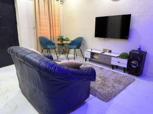 a living room with a blue couch and a tv at Jayda Lodge in Kwedonu