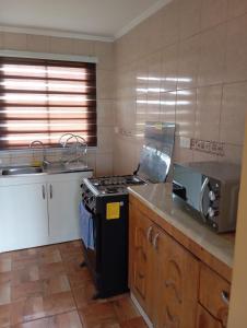a kitchen with a stove and a microwave at Cabaña Vista Hermosa in Traitraico
