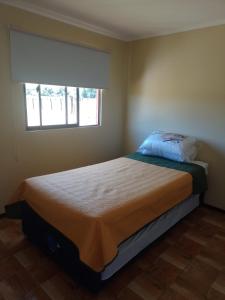 a bedroom with a large bed with a window at Cabaña Vista Hermosa in Traitraico