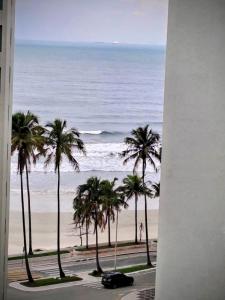 Blick auf einen Strand mit Palmen und das Meer in der Unterkunft Recanto da Felicidade in Guarujá