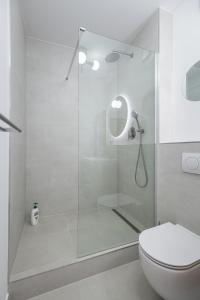 a bathroom with a shower and a toilet at The Nest - Komárno in Komárno +23 photos
