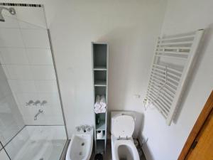 a white bathroom with a toilet and a shower at Casa Azul in Neuquén +39 photos