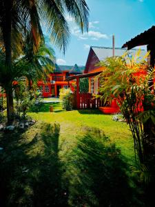 a house with a palm tree in front of a yard at Hotel Mirador Maya Calakmul in Xpujil