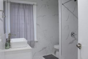 2 BEDROOM 1 BATH TRENDY Apt Downtown Albany في ألباني: حمام أبيض مع حوض ومرحاض +10 صور