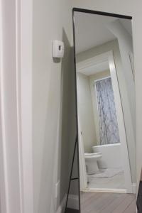 a mirror in a bathroom with a toilet at Beautiful 2 BED 2 BATH Soaker Tub in Albany +29 photos