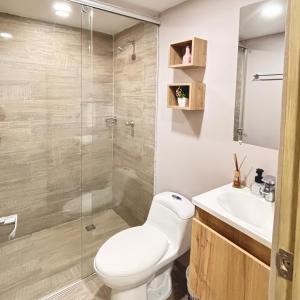 une salle de bain avec toilettes, lavabo et douche dans l'établissement Apartamentos 438, à Ríohacha