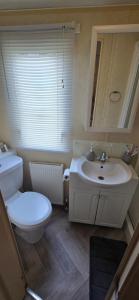 a bathroom with a toilet and a sink at Pcj caravan hire in Kinmel Bay +12 photos