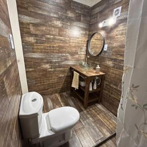a bathroom with a toilet and a sink and a mirror at Güemes I in San Juan +9 photos